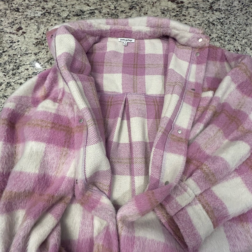 Pretty Garbage Oversized Plaid Button Down Shacket Shirt‎ - Pink and Cream - Picture 2 of 4